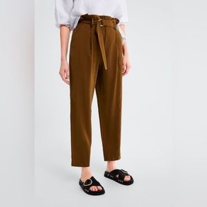 ZARA Brown BELTED PAPERBAG WAIST PANTS